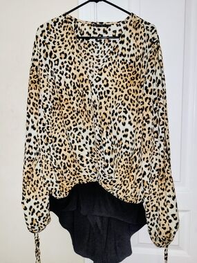 Leopard Print Wrap Blouse - Animal Print Long Sleeve Top